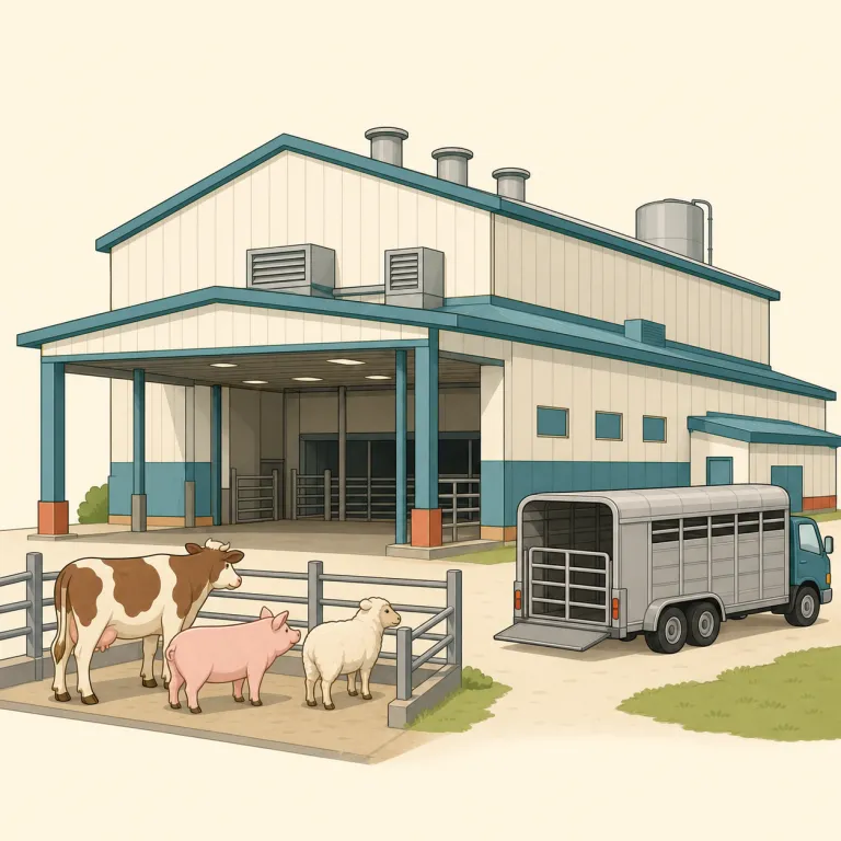 abattoir（食肉処理場・名詞）の覚え方イラスト — abattoir は簡単な語 slaughterhouse と結びつけて覚えるのが実用的です