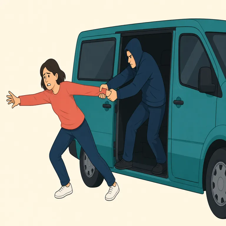 abduct（誘拐する・動詞）の覚え方イラスト — ab を「離れて」、duct を「連れて行く」と考えると、人を無理に遠くへ連れて行く場面を思い出せます