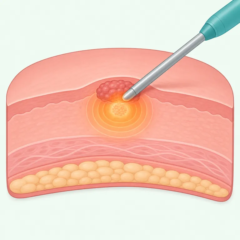 ablation（組織の切除・焼灼・名詞）の覚え方イラスト — まず動詞 ablate を親語として見て、-ion が付いた ablation は「その処置・その治療法」を表す名詞だと押さえると覚えやすいです