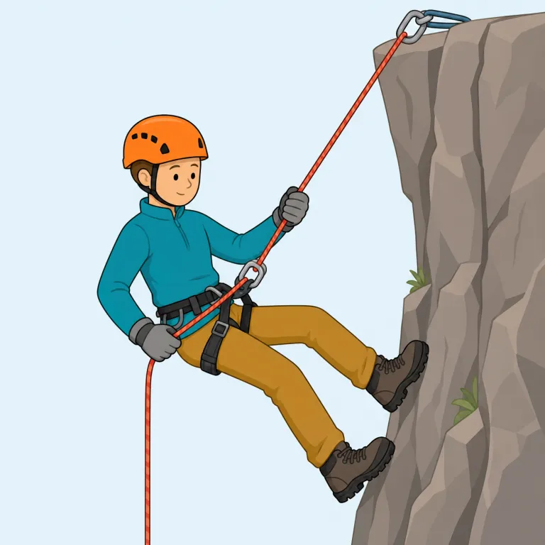 abseiling（懸垂下降・名詞）の覚え方イラスト — まず abseil をひとかたまりで「ロープで下る」という動詞として覚え、abseiling はその動作・活動名だと押さえると整理しやすいです