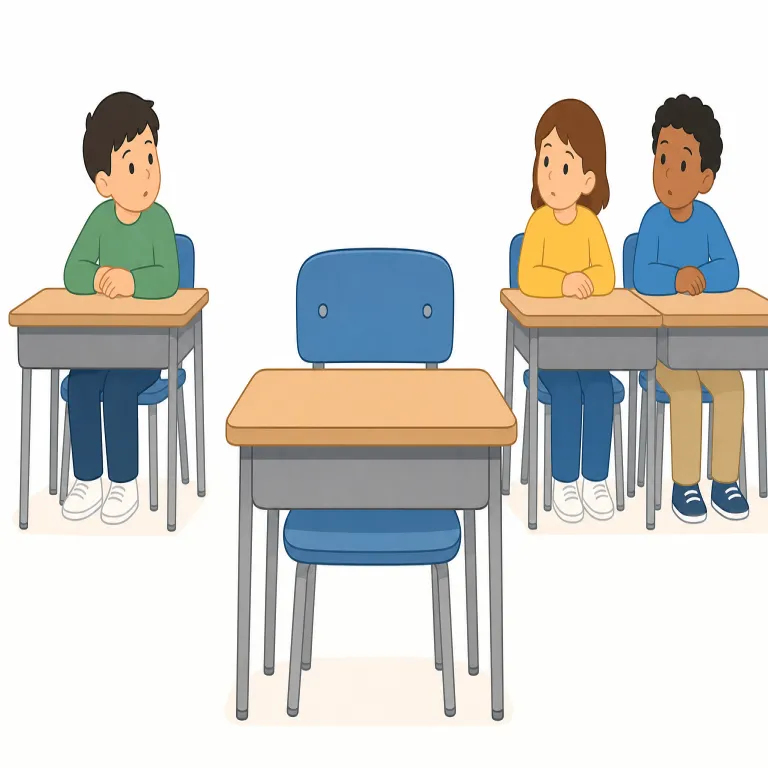 absent（不在の、欠席している・形容詞）の覚え方イラスト — present（出席している・その場にいる）の反対として覚えると定着しやすい語です