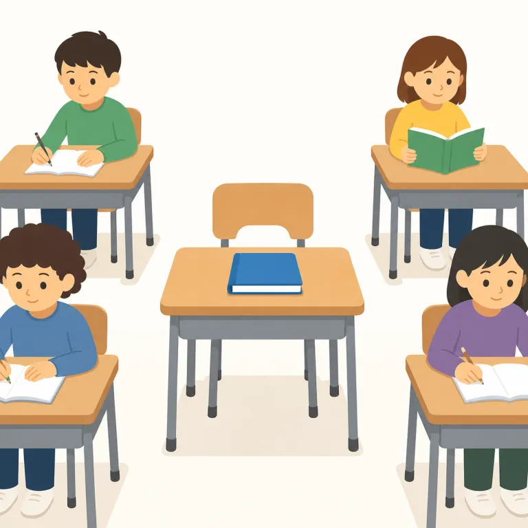 absentee（欠席者・名詞）の覚え方イラスト — absentee は「欠席者」として、出るはずの学校・会議・式典・勤務などに来ていない人を指す名詞です