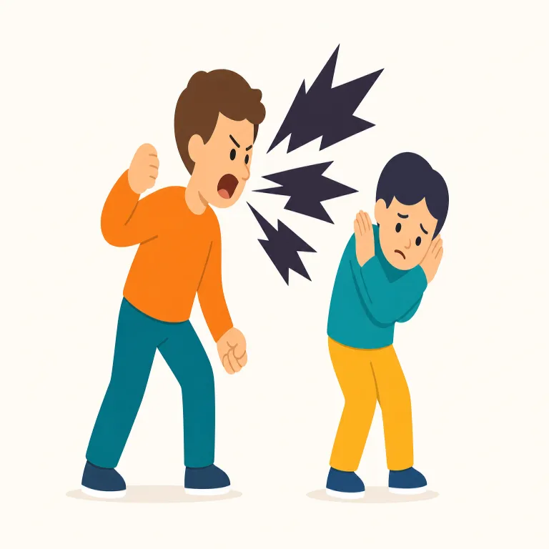 abusive（暴力的な、侮辱的な、虐待するような・形容詞）の覚え方イラスト — abuse（乱用する・虐待する）をそのまま形容詞にした語だと押さえると覚えやすいです