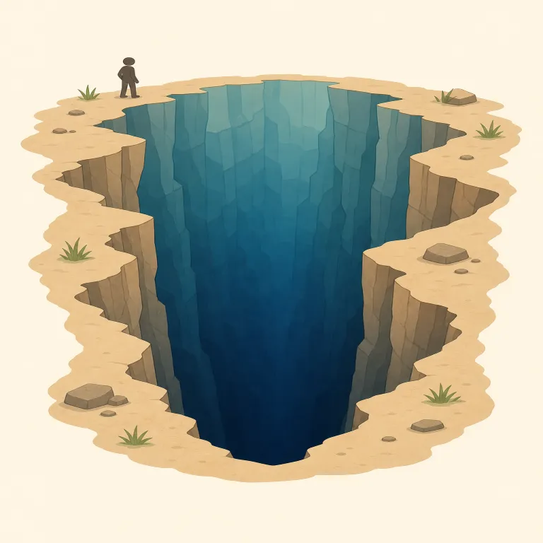 abyss（深淵・名詞）の覚え方イラスト — "deep" や "hole" よりも、見えないほど深く不気味で、物理的な穴にも比喩的な絶望にも使える語だと押さえると残りやすいです