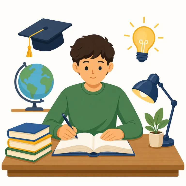 academically（学業の面で、学問的に・副詞）の覚え方イラスト — academic には「学問の」だけでなく「学校教育の」という意味があり、その後者から academically = 学業の面で が出る