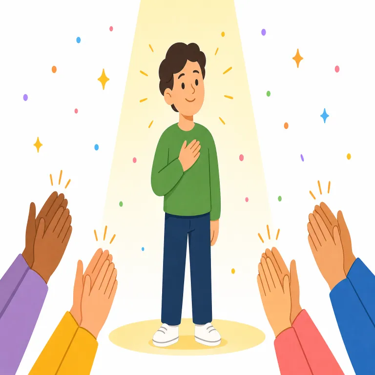 acclaim（称賛・名詞）の覚え方イラスト — 名詞 acclaim は「称賛の声が集まった状態」と考えると覚えやすいです