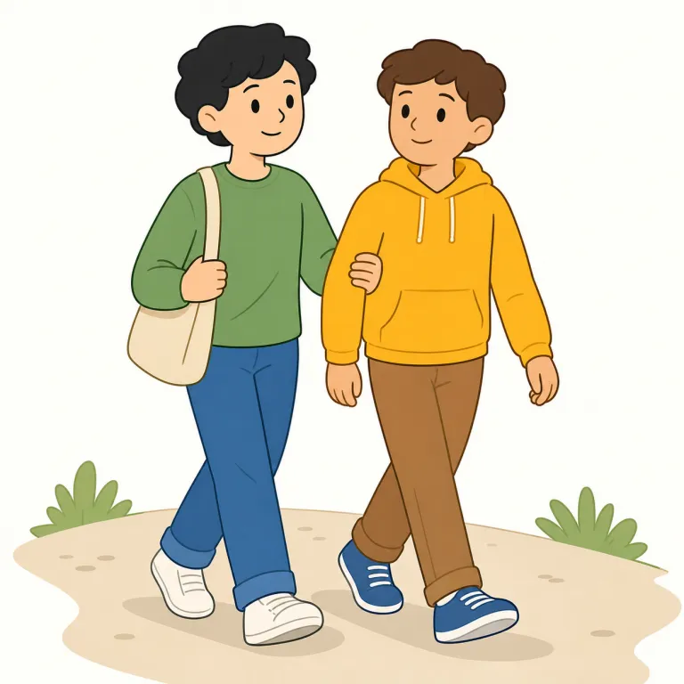 accompany（同行する・動詞）の覚え方イラスト — accompany someone to a place は「人に同行する・付き添う」という意味です