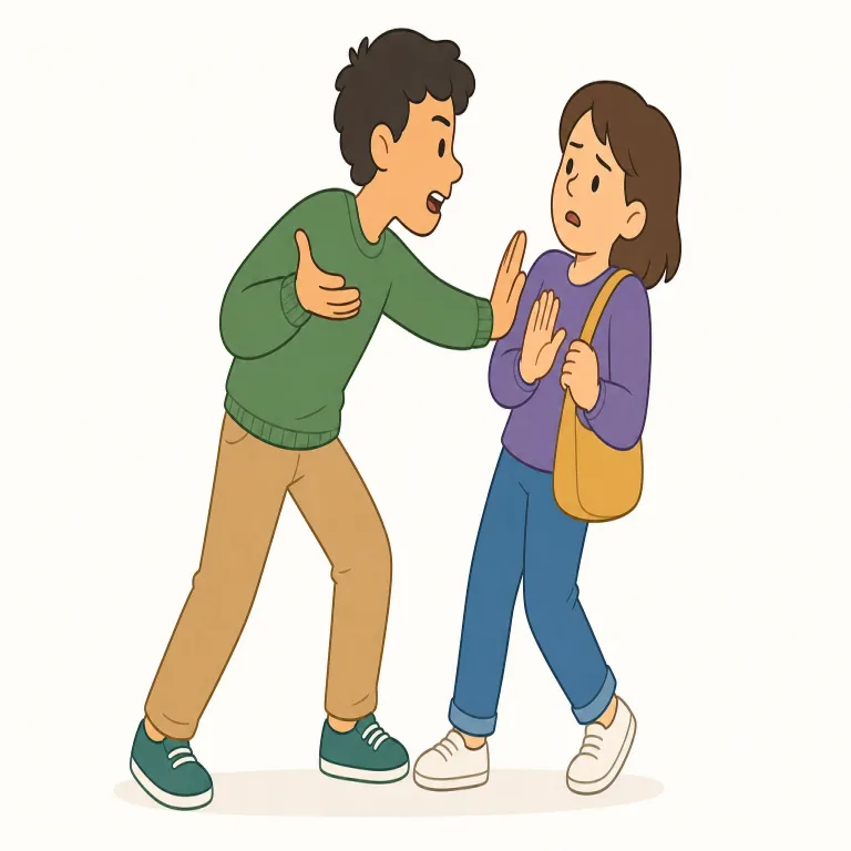 accost（しつこく声をかける、詰め寄る・動詞）の覚え方イラスト — approach や stop よりかなり不快寄りの「声をかける」
