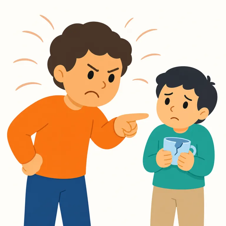 accusatory（非難的な・形容詞）の覚え方イラスト — この「非難的な」は、accusatory の基本義「告発するような」から少し広がった、相手を責める調子や態度を表す意味として覚えます