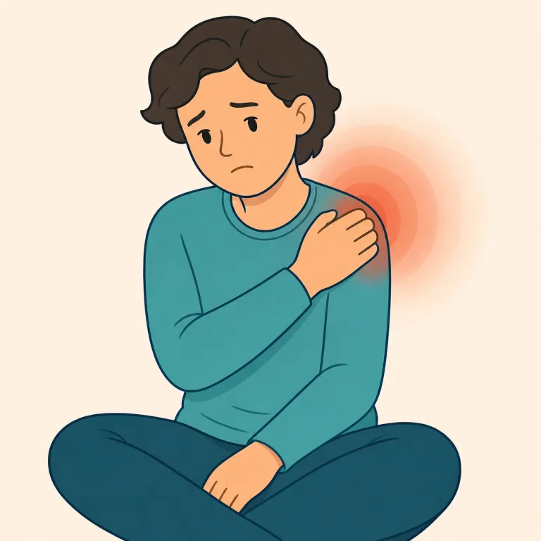 ache（鈍い痛み・形容詞）の覚え方イラスト — ache は sharp pain「鋭い痛み」と対照的な、じわじわ続く鈍い痛みを表す