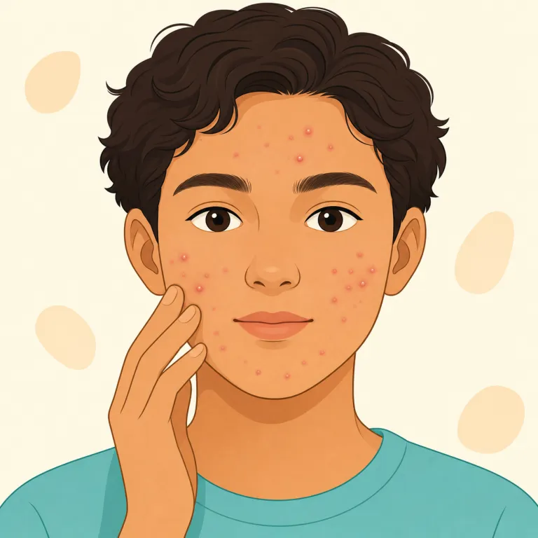 acne（ニキビ・名詞）の覚え方イラスト — acne は一個の吹き出物だけでなく、ニキビという皮膚症状全体を指す不可算名詞なので、通常 an acne とは言わない