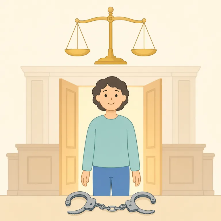 acquittal（無罪判決・名詞）の覚え方イラスト — acquittal はまず動詞 acquit「無罪にする」を軸に覚えると定着します