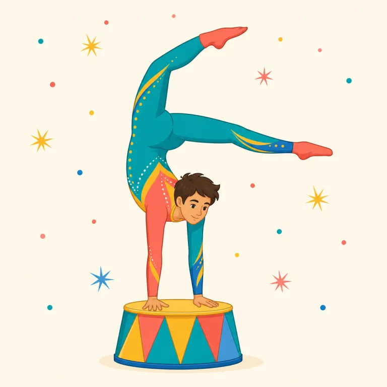 acrobat（曲芸師、軽業師・名詞）の覚え方イラスト — まず acrobatic を知っているなら、「その動きをする人」が acrobat と結びつけると覚えやすいです