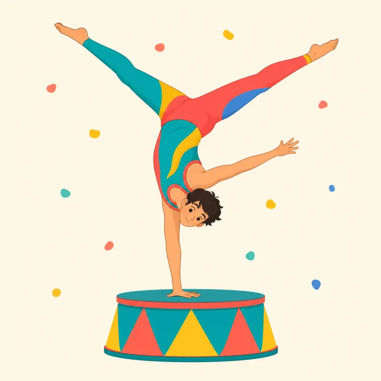 acrobatically（曲芸的に・副詞）の覚え方イラスト — acrobat「曲芸師」から acrobatic「曲芸的な」、さらに acrobatically「曲芸的に」と派生します