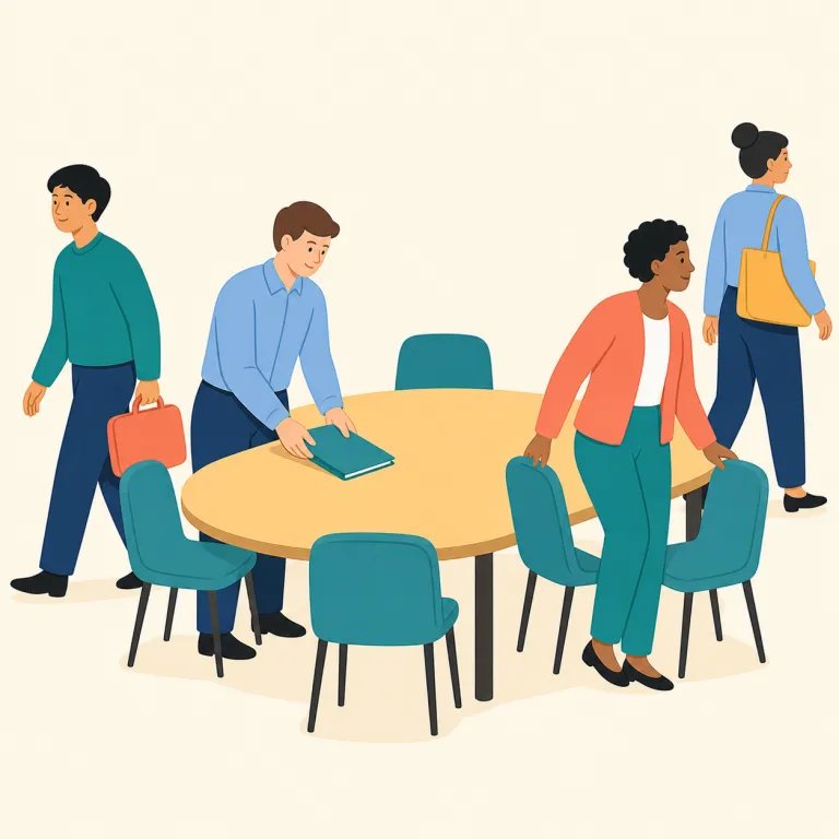 adjourn（休会する・動詞）の覚え方イラスト — adjourn は「会議を終わらせる」より、「今日はここまでにして、後で続ける」と場面ごと覚えると定着しやすい語です
