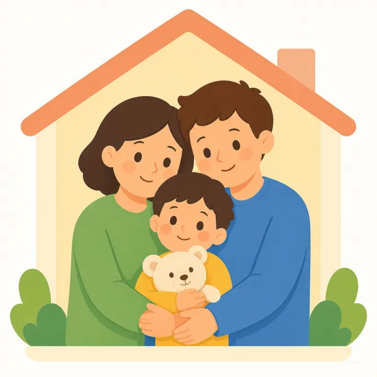 adopted（養子の、養子縁組された・形容詞）の覚え方イラスト — この意味の adopted は、人、特に child / son / daughter について使い、「法的に別の家庭の子として迎えられた」という状態を表します