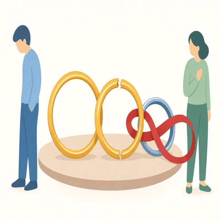 adultery（不倫・名詞）の覚え方イラスト — `adult` に見た目が近いので、「大人の恋」ではなく“結婚のルールを破る重い語”として区別して覚えると残りやすいです