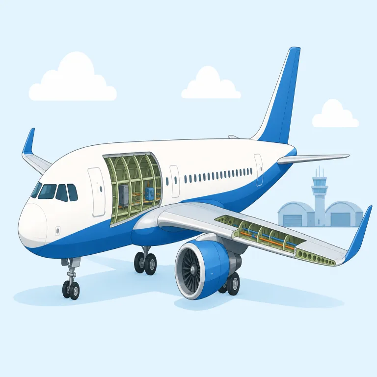 aeronautical（航空学の・形容詞）の覚え方イラスト — aero- は airport や aerospace に見える「空・航空」、naut は nautical「航海の」と同じ「乗り物で進む人」、-ical は techn…