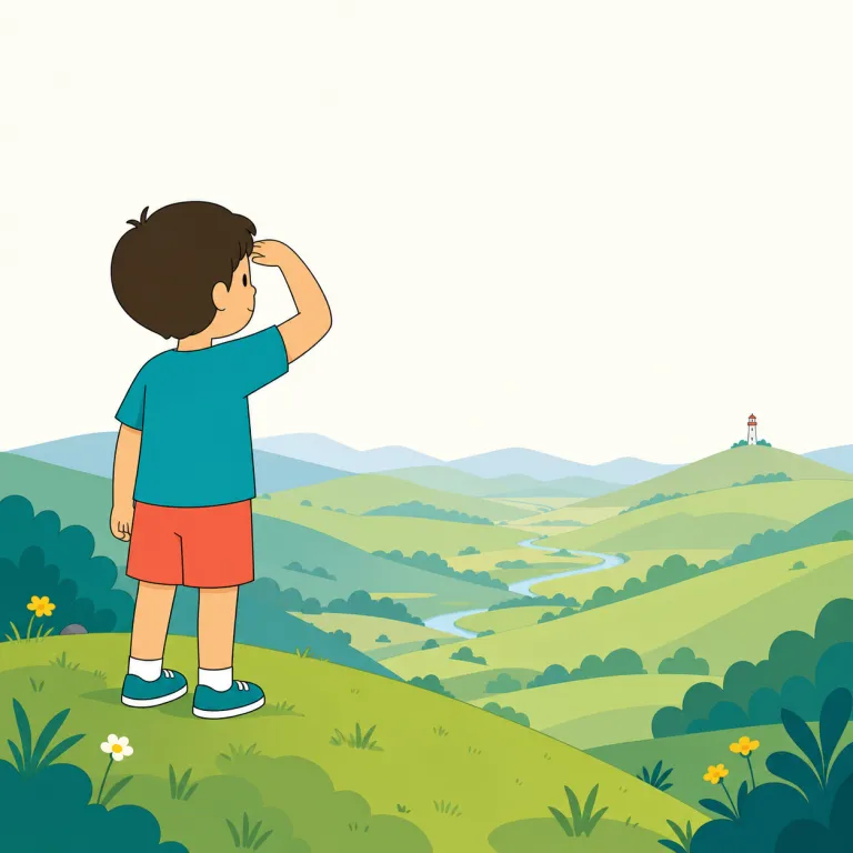 afar（遠くに・副詞）の覚え方イラスト — afar は far と同じ「遠い」という感覚を持つが、やや文語的で、from afar「遠くから」という形が特に多い