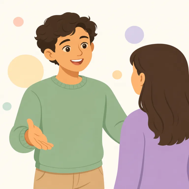 affable（愛想の良い・形容詞）の覚え方イラスト — affable は「feel comfortable talking to them」と結びつけて覚えると残りやすい語