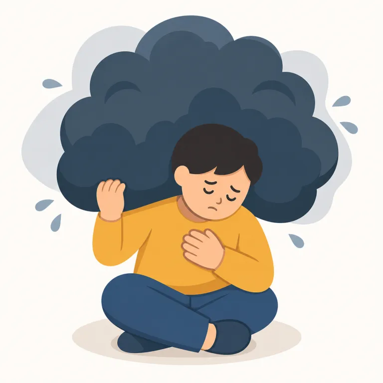 affliction（苦しみ・名詞）の覚え方イラスト — まず動詞 afflict「苦しめる」を押さえると、-ion が付いた affliction は「苦しめられている状態・その苦しみ」と取りやすいです
