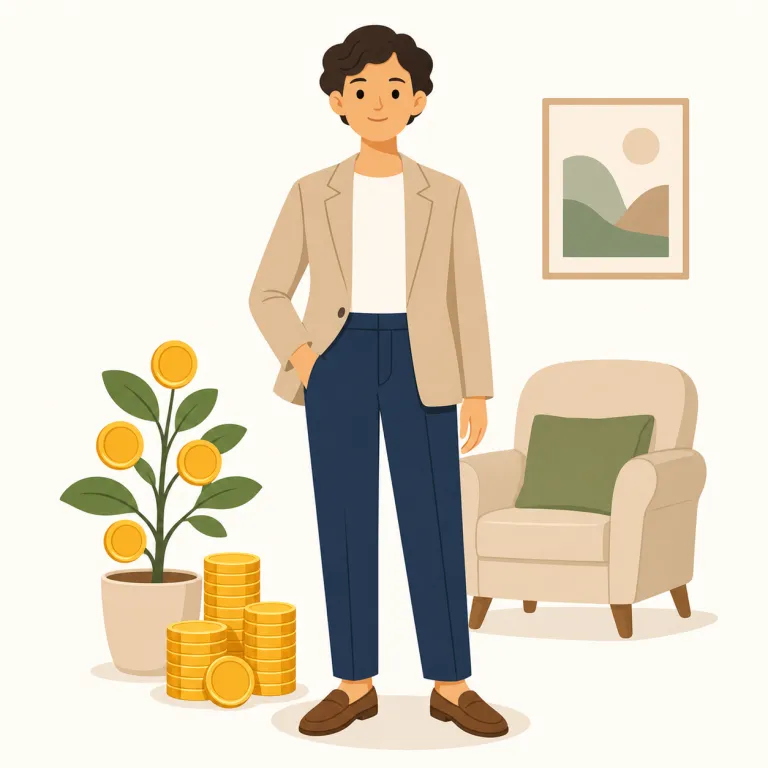 affluent（裕福な・形容詞）の覚え方イラスト — affluent を「裕福な」と覚えるときは、単なる rich よりも少し改まった語で、財産だけでなく高い生活水準や余裕のある暮らしぶりまで含むと考えると定着します
