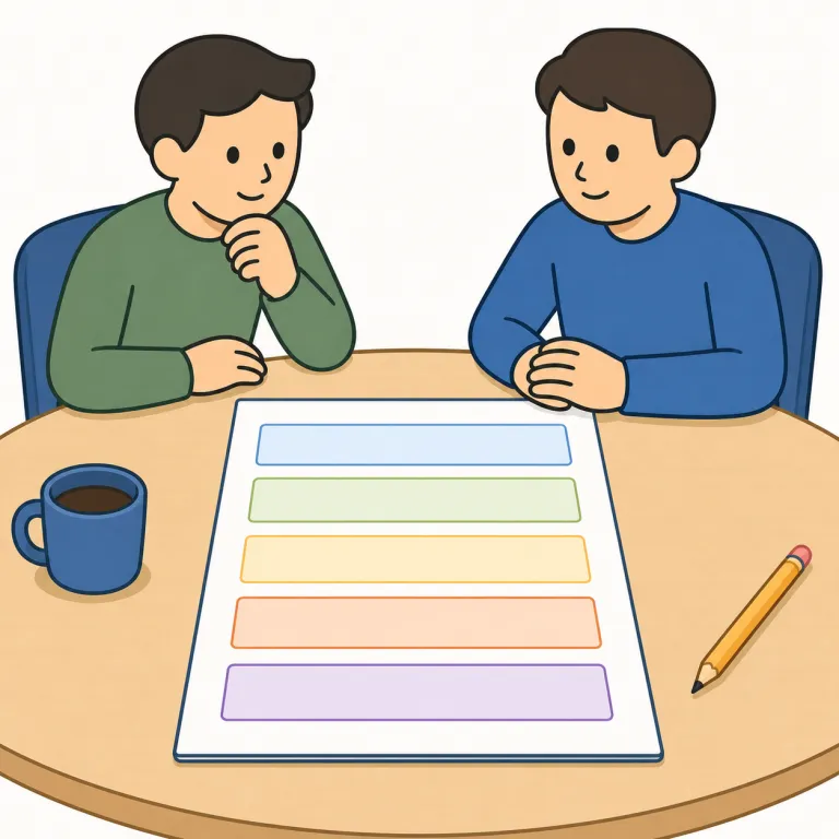 agenda（議題・名詞）の覚え方イラスト — 「議題」の agenda は、会議や討論で扱うテーマや項目のリストを指します