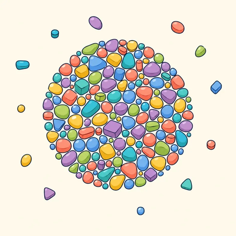 agglomeration（集まり・名詞）の覚え方イラスト — agglomeration は、gathering や cluster より硬い語で、ばらばらの要素が近くに寄って一つの「集まり」として見える状態を表します