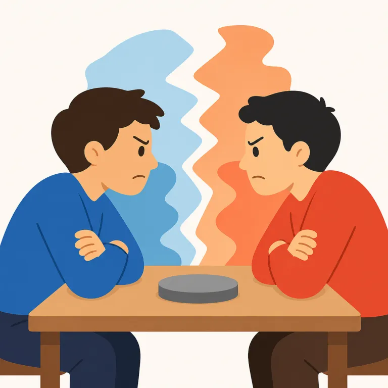 agonistic（対立的な、論争的な・形容詞）の覚え方イラスト — この用法の agonistic は、単に勝敗を競う「競争的な」という基本義とは別に、意見や立場の衝突を前提にする硬い表現です