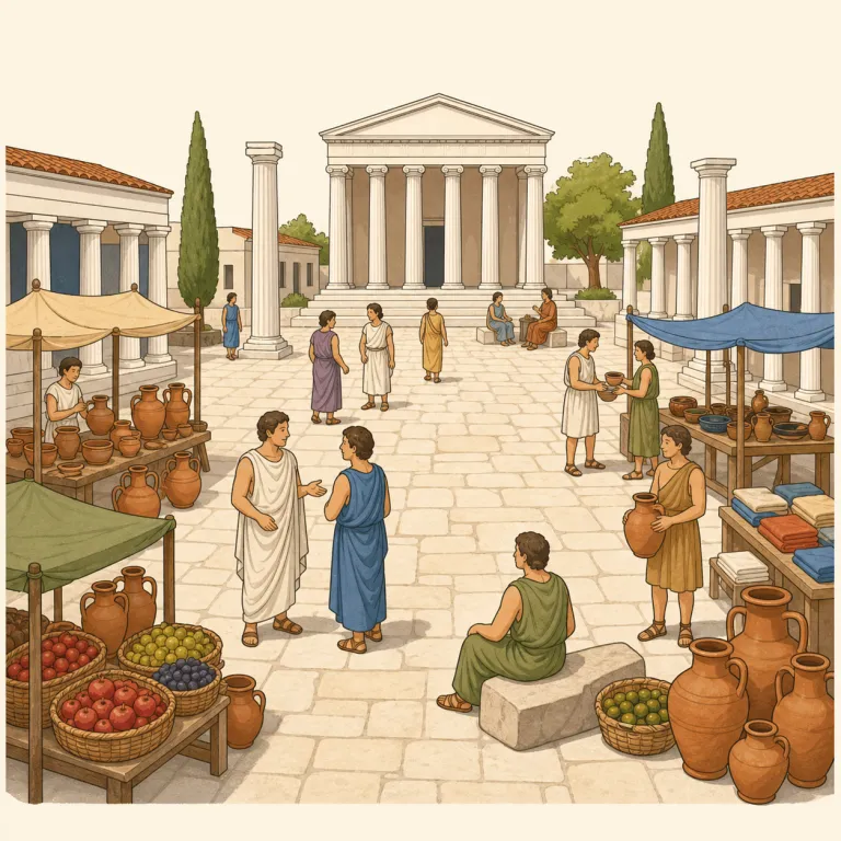 agora（古代ギリシャの広場、市場・名詞）の覚え方イラスト — agora は「market」と「public square」を別々に覚えるより、古代都市の人・物・情報が集まる“街の中心広場”として一枚で記憶すると残りやすいです