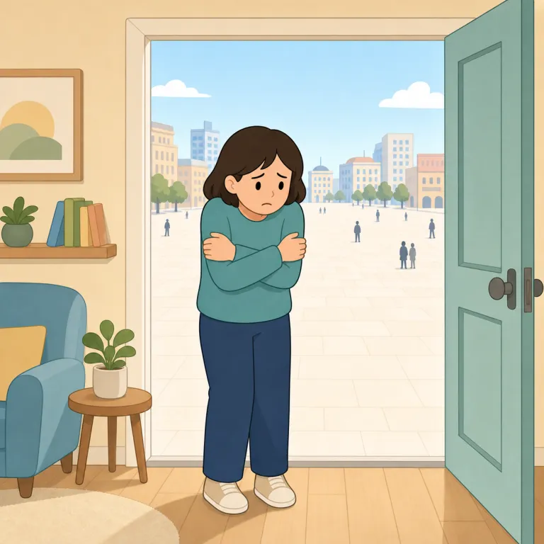 agoraphobia（広場恐怖症・名詞）の覚え方イラスト — agoraphobia は agora「広場・市場」と -phobia「恐怖症」に分けて覚えます