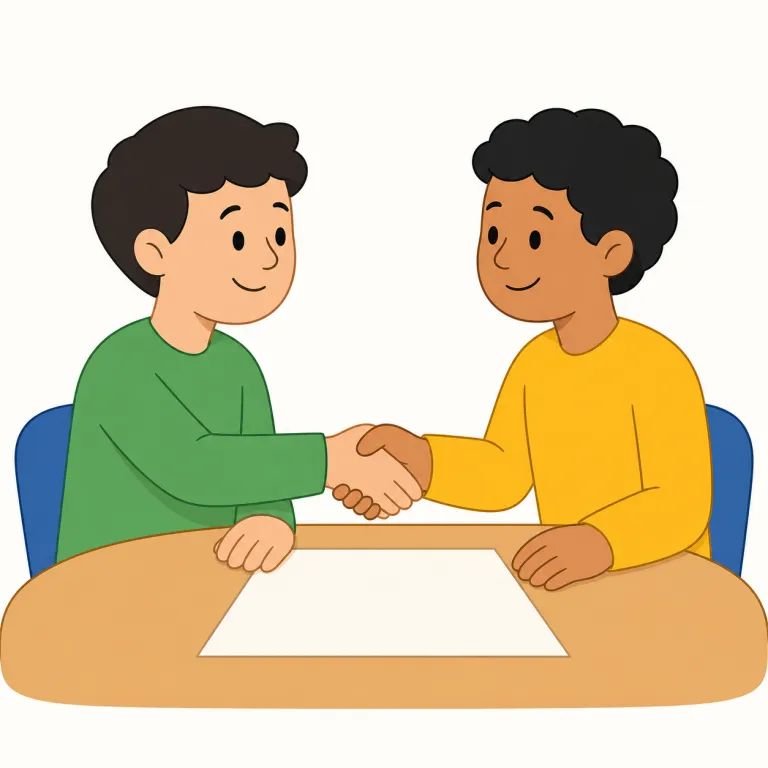 agreement（合意・名詞）の覚え方イラスト — この「合意」は、agreement の「協定」という正式な文書や制度よりも、人々の考えや判断が一致している状態を表す意味として覚える