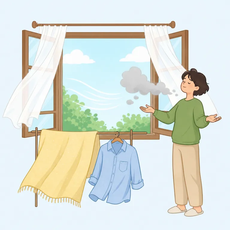 air out（風を通す、干す、（気持ちや不満を）外に出す・句動詞）の覚え方イラスト — air＝空気、out＝外へをそのまま重ねて、「新鮮な空気を入れ、こもった湿気やにおいは外へ出す」と捉えると覚えやすい