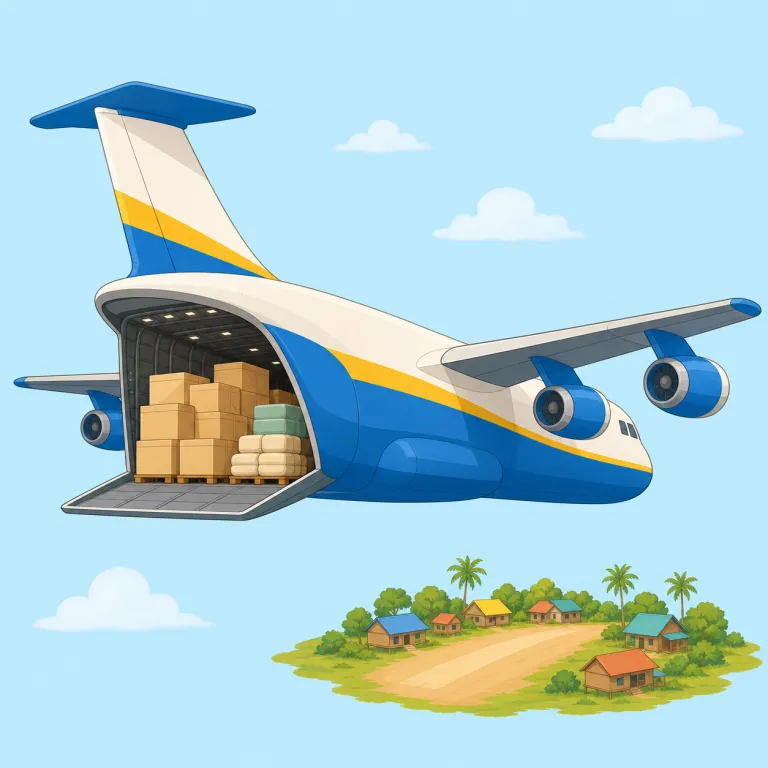 airlift（空輸・名詞）の覚え方イラスト — air＋lift で「空で持ち上げて運ぶ」と分けると覚えやすい語です