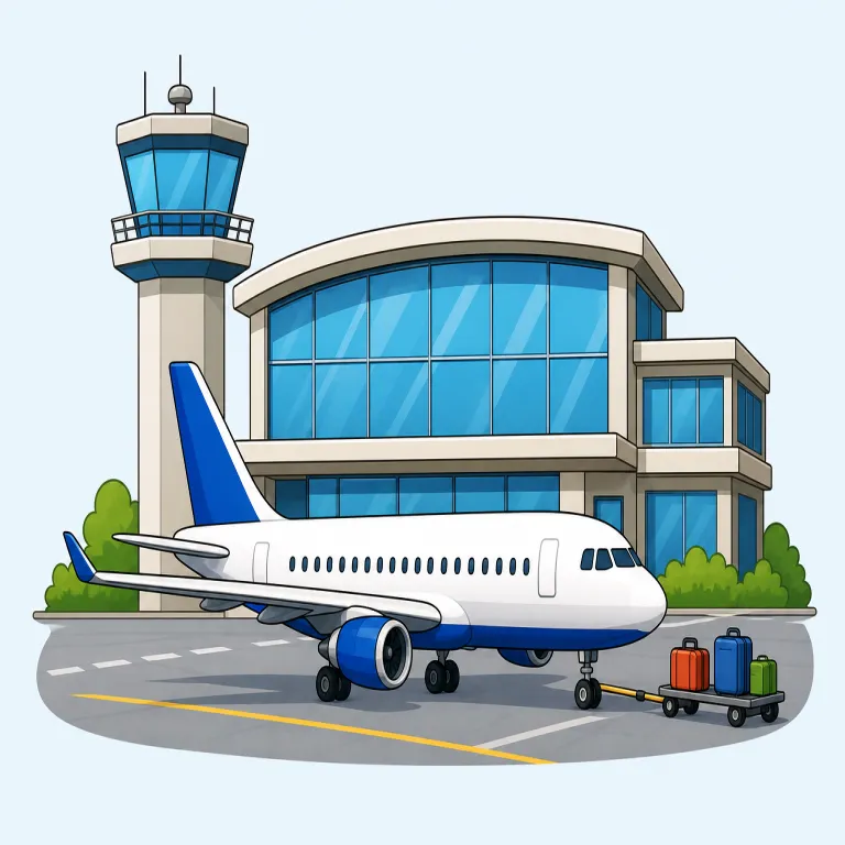 airport（空港・名詞）の覚え方イラスト — air（空の）＋port（港）で、「船の港 seaport の空版」と考えると定着しやすい語です