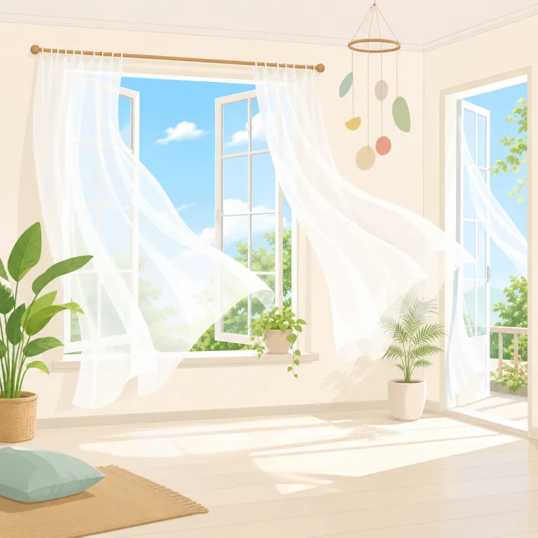 airy（風通しの良い・形容詞）の覚え方イラスト — airy は air「空気」に形容詞の -y が付き、「空気がたっぷりある」から風通しの良さを表す