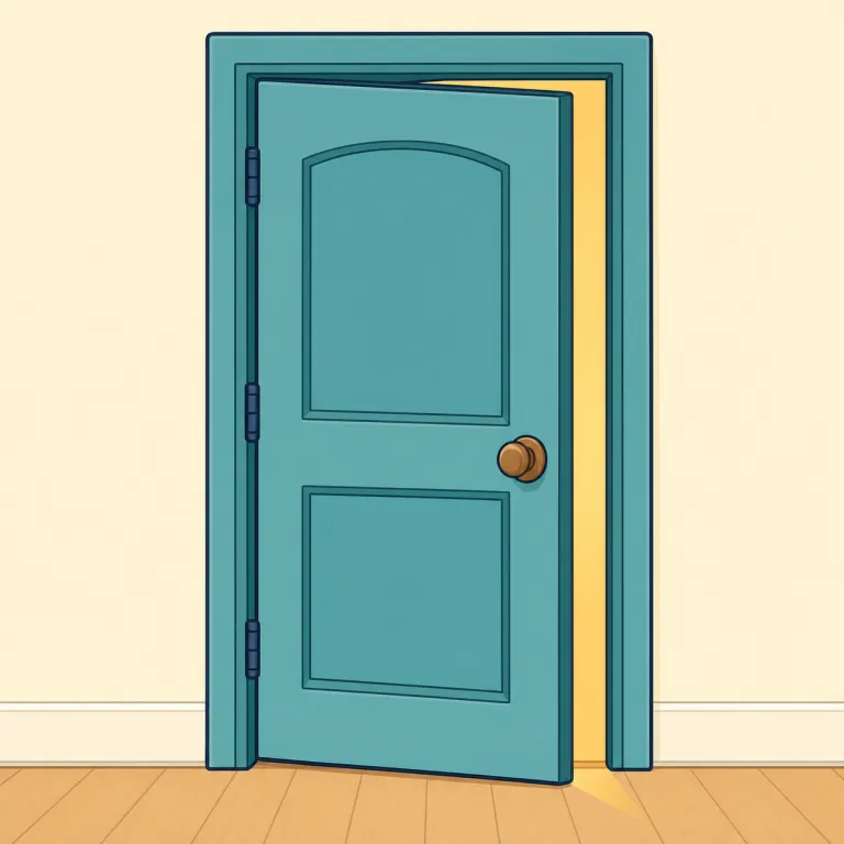 ajar（半開き・名詞）の覚え方イラスト — ajar は主に leave the door ajar（ドアを半開きにしておく）の形で使う