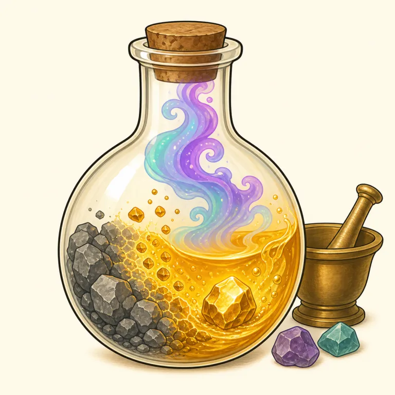 alchemical（錬金術の・形容詞）の覚え方イラスト — chemical（化学の）が見えていれば入りやすく、alchemy は「近代化学より前の、金属変成や不老長寿を追う神秘的な化学」と置くと記憶しやすい