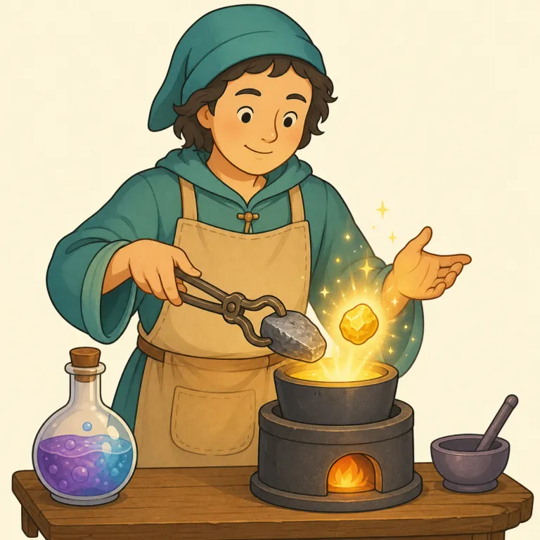 alchemist（錬金術師・名詞）の覚え方イラスト — alchemist は alchemy（錬金術）をする人、と分けると覚えやすいです