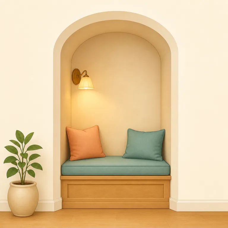 alcove（壁のくぼみ、アルコーブ・名詞）の覚え方イラスト — 「部屋の中にできた小さなこもり空間」とまとめて覚えると定着しやすい語です