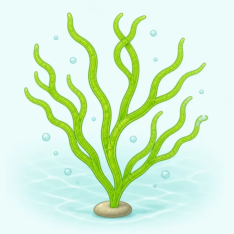 alga（藻類・名詞）の覚え方イラスト — まず単数 alga は「一つの藻・一種の藻」と押さえ、実際には複数形 algae や形容詞 algal のほうを見かけやすいので、3点セットで覚えると定着しやすいです