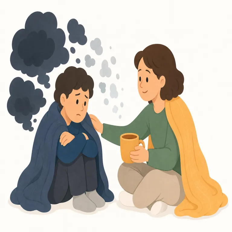 allay fears（不安を和らげる・イディオム）の覚え方イラスト — allay はまず「強い不安をゼロにする」ではなく「和らげる・落ち着かせる」と押さえると覚えやすいです