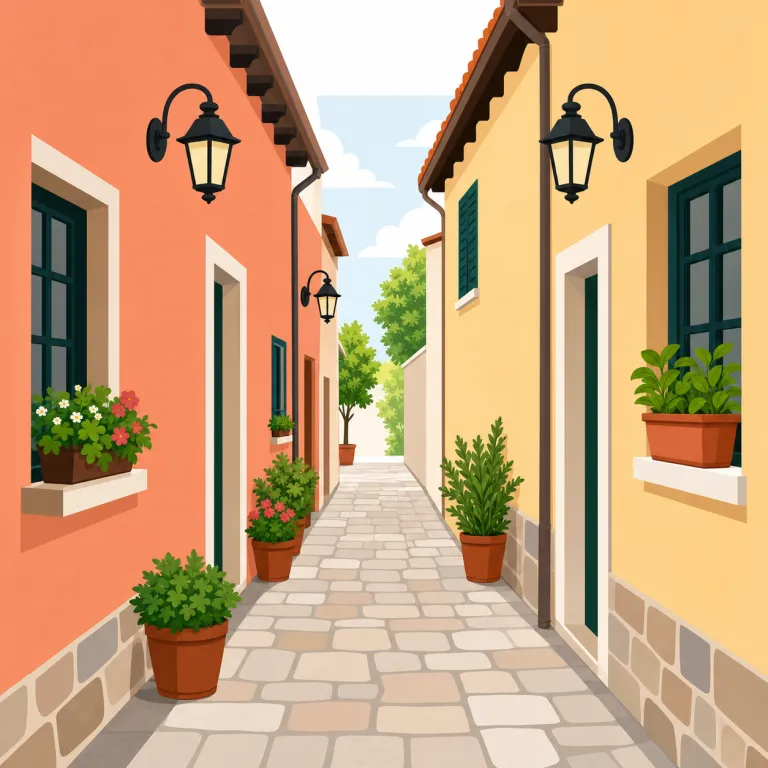 alley（路地・名詞）の覚え方イラスト — この「路地」の alley は、建物と建物の間や店の裏側にある、都市的で狭い通路を指す意味として覚えます