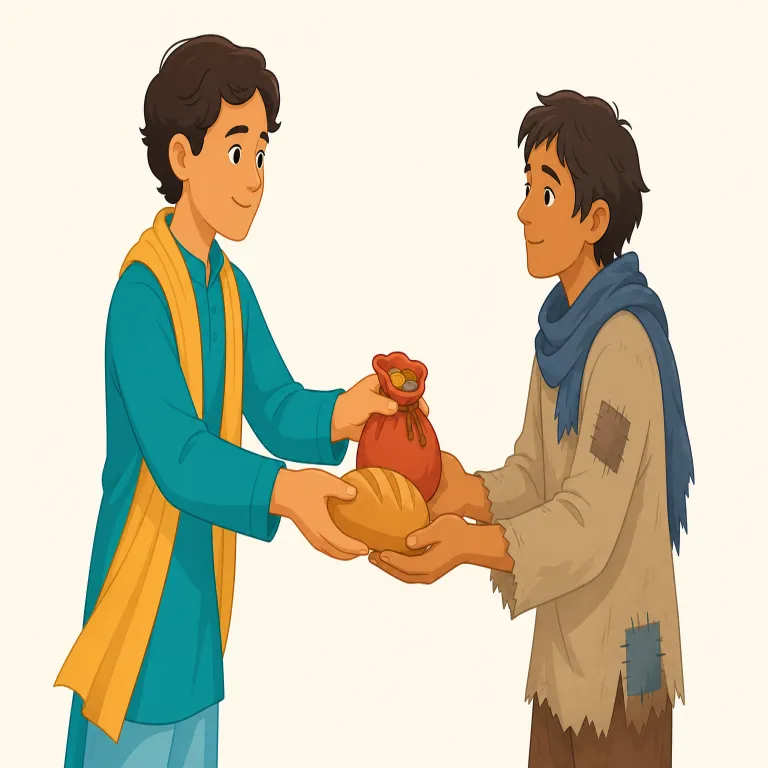 alms（施し・名詞）の覚え方イラスト — aid（援助）や charity（慈善）に近いが、alms は特に貧しい人へ直接与える「施し」