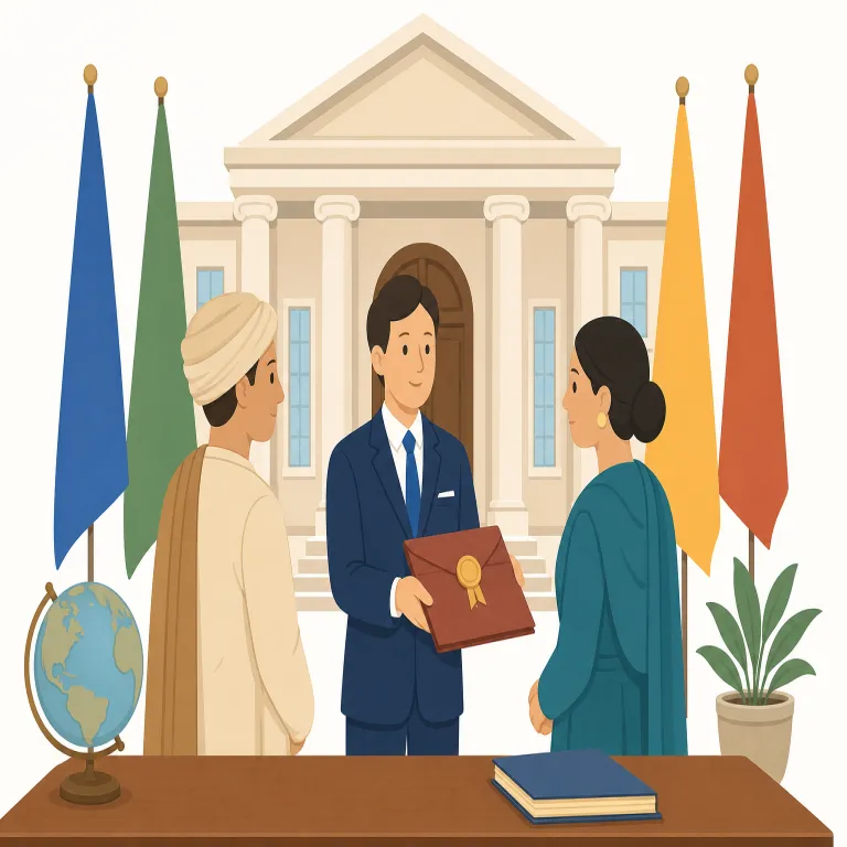 ambassadorial（大使としての・形容詞）の覚え方イラスト — ambassadorial は ambassador「大使」に -ial が付いた形容詞で、「大使としての」「大使級の」という役割や身分に焦点があります