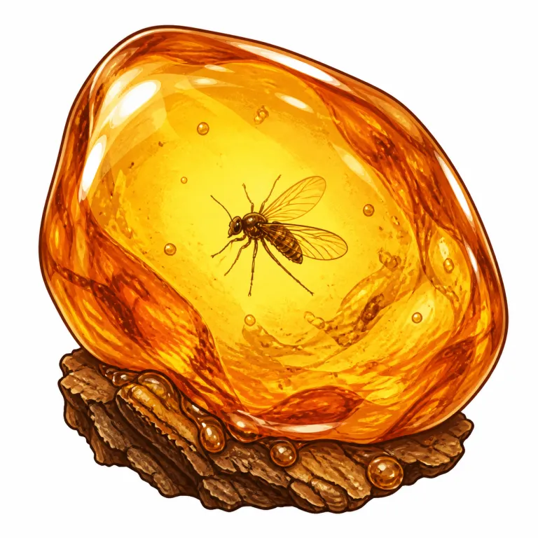 amber（琥珀・名詞）の覚え方イラスト — 虫を閉じ込めた太古の化石樹脂から、物質としての琥珀を覚える