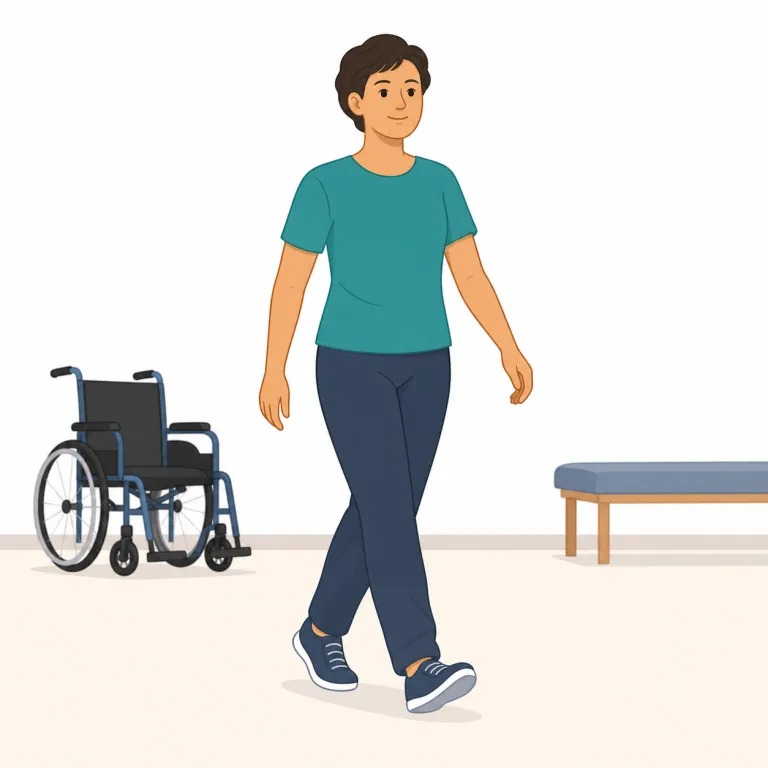 ambulatory（歩行可能な・形容詞）の覚え方イラスト — ambulatory は Latin の ambulare「歩く」から来ており、身近な amble「ぶらぶら歩く」と同じ歩くイメージで覚えられます