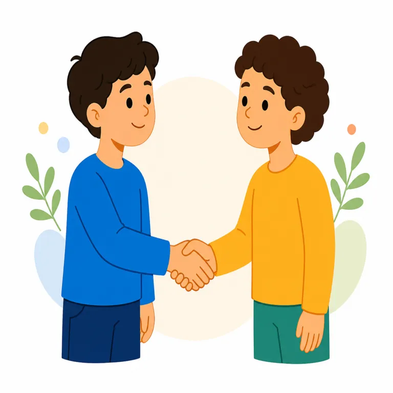 amicable（友好的な・形容詞）の覚え方イラスト — amicable は「友好的な」という意味で、関係・態度・雰囲気が敵対的でなく良好であることを表します