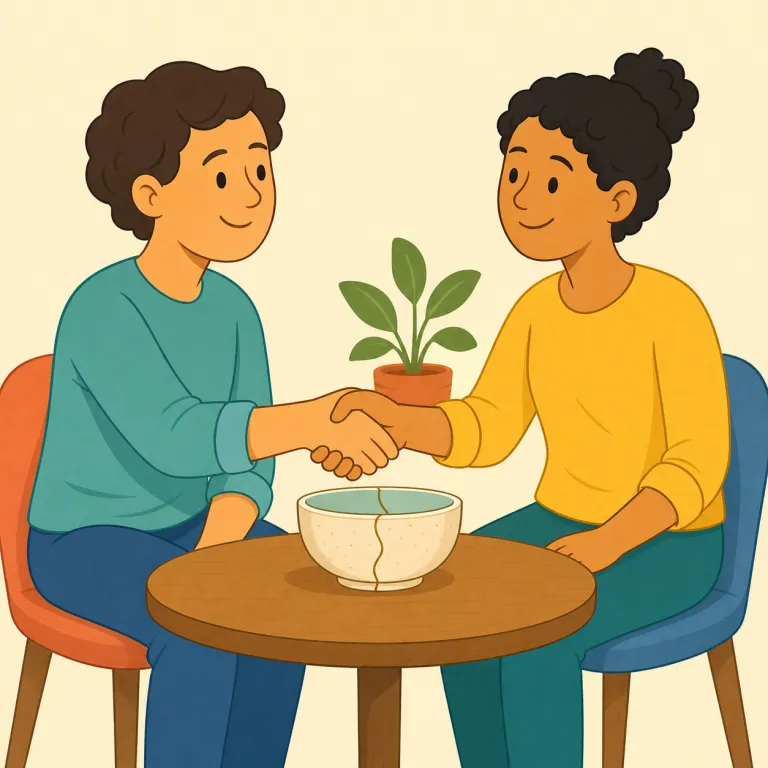 amicably（友好的に・副詞）の覚え方イラスト — amicably は、まず形容詞 amicable「友好的な・円満な」を土台にして、-ly が付いて「友好的に」と捉えると覚えやすいです