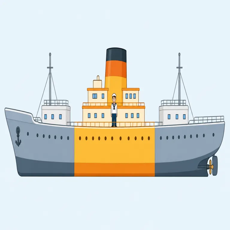 amidships（船体中央部に、船の中央に・副詞）の覚え方イラスト — amidships は amid と ship(s) をそのまま重ねて覚えるとよい